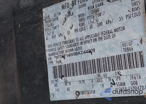 2008 Ford F-150 Stx/Xl/Xlt z USA, uszkodzony, nr VIN 1FTRF14W98KD44209